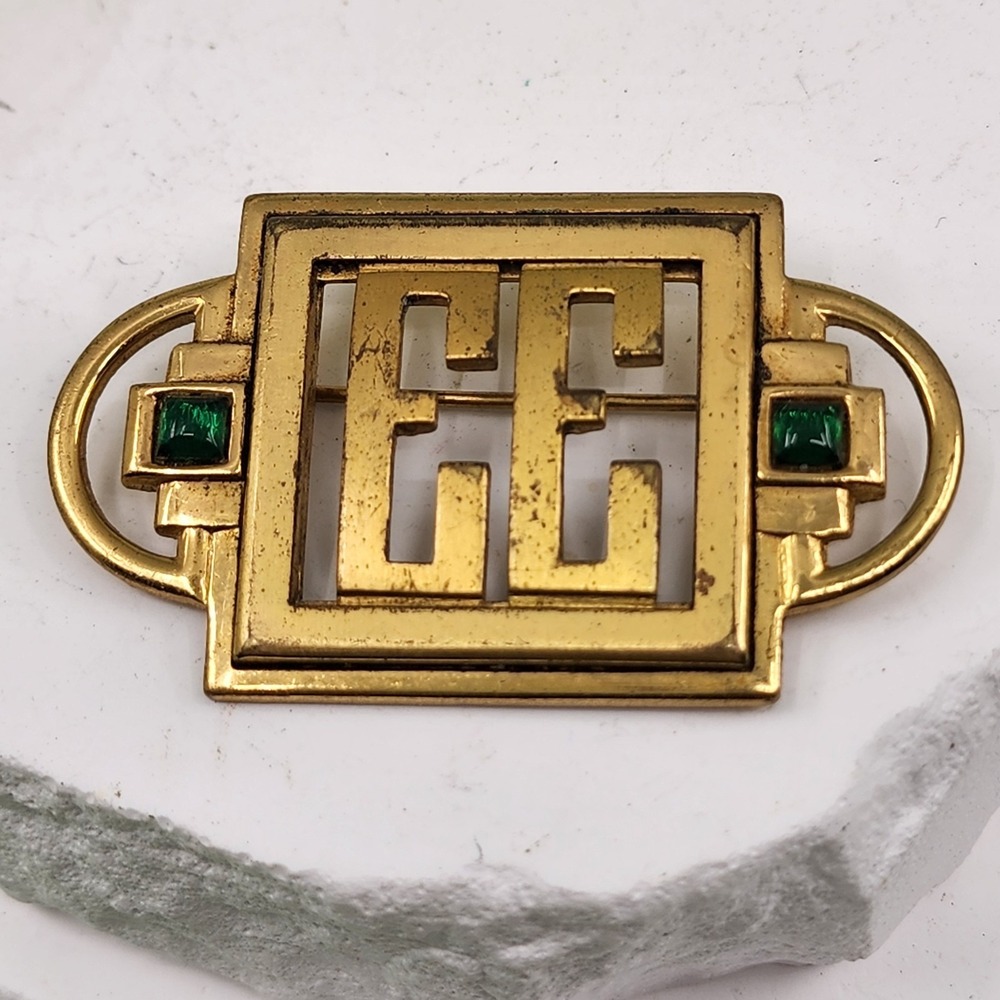 Monocraft Vintage 1930 Gold Tone Green Glass Geometric Art Deco Brooch Pin Retro